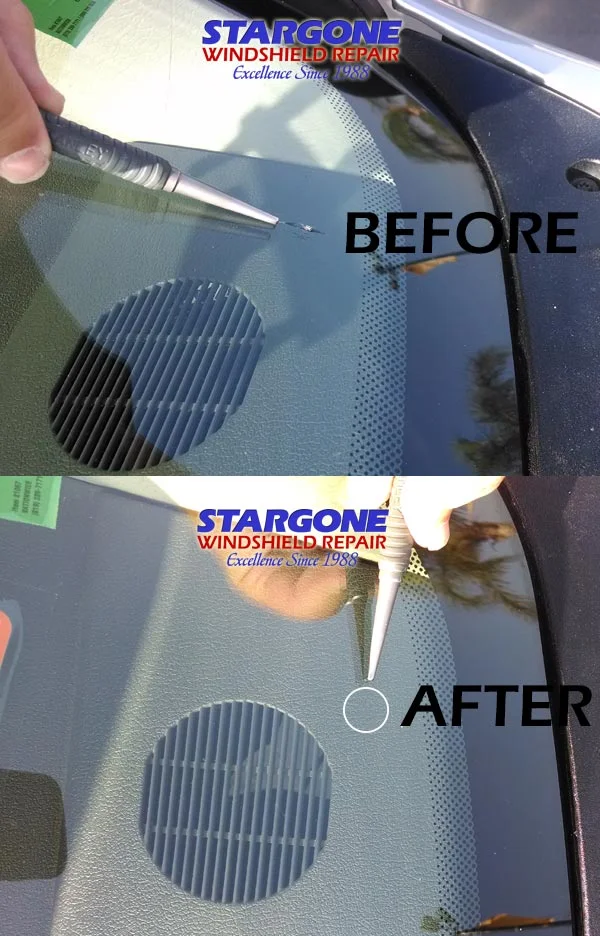 Before and after windshield rock chip repair near the dashboard defroster vent performed by Steve Webb of Stargone Windshield Repair